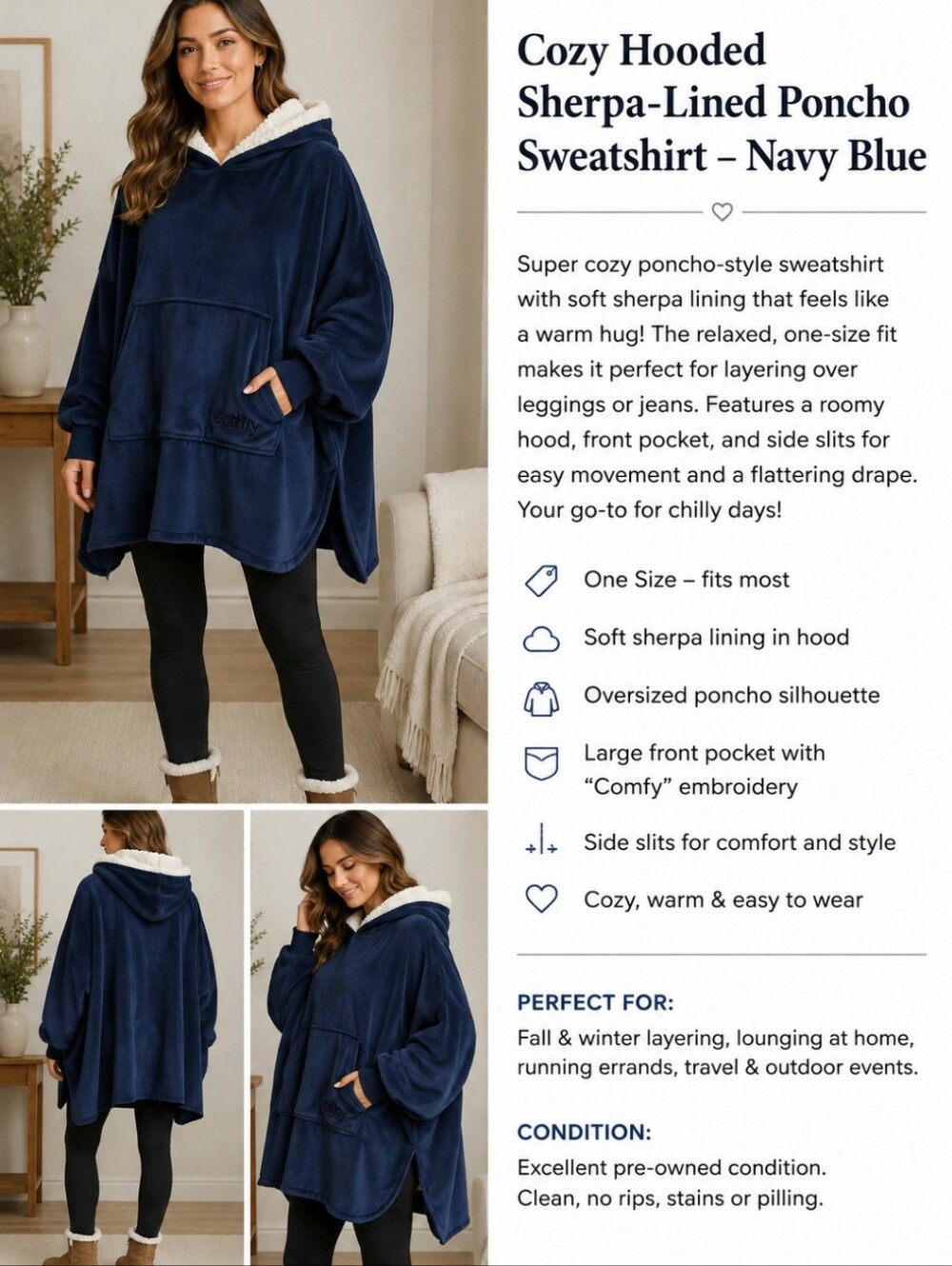 Cozy Hooded Sherpa-Lined Poncho Sweatshirt - Navy Blue